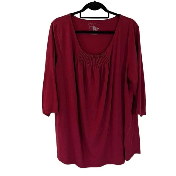 Just My Size Cranberry Blouse Plus 2X Pleated Chest 3/4 Sleeve Knit Pullover Top - Picture 1 of 5